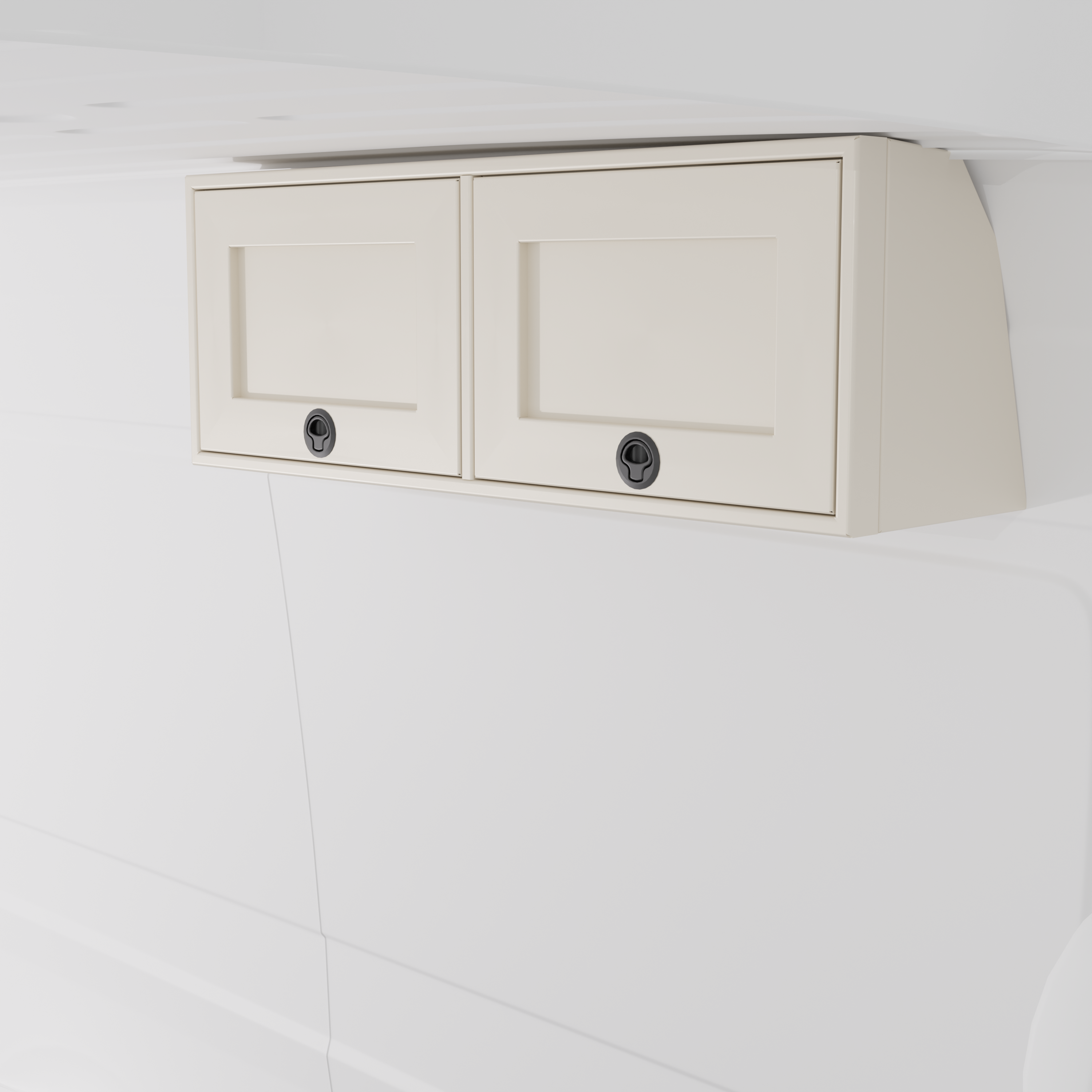 White 42-inch wide aluminum angled upper Van Wife Components cabinet with two shaker-style doors & flush slam latches mounted in a van
