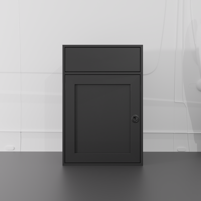 Black 24-inch wide, 22-inch deep, 36-in tall aluminum sink base cabinet with a single shaker-style lower door and a structural top designed to house an RV sink installed in a van
