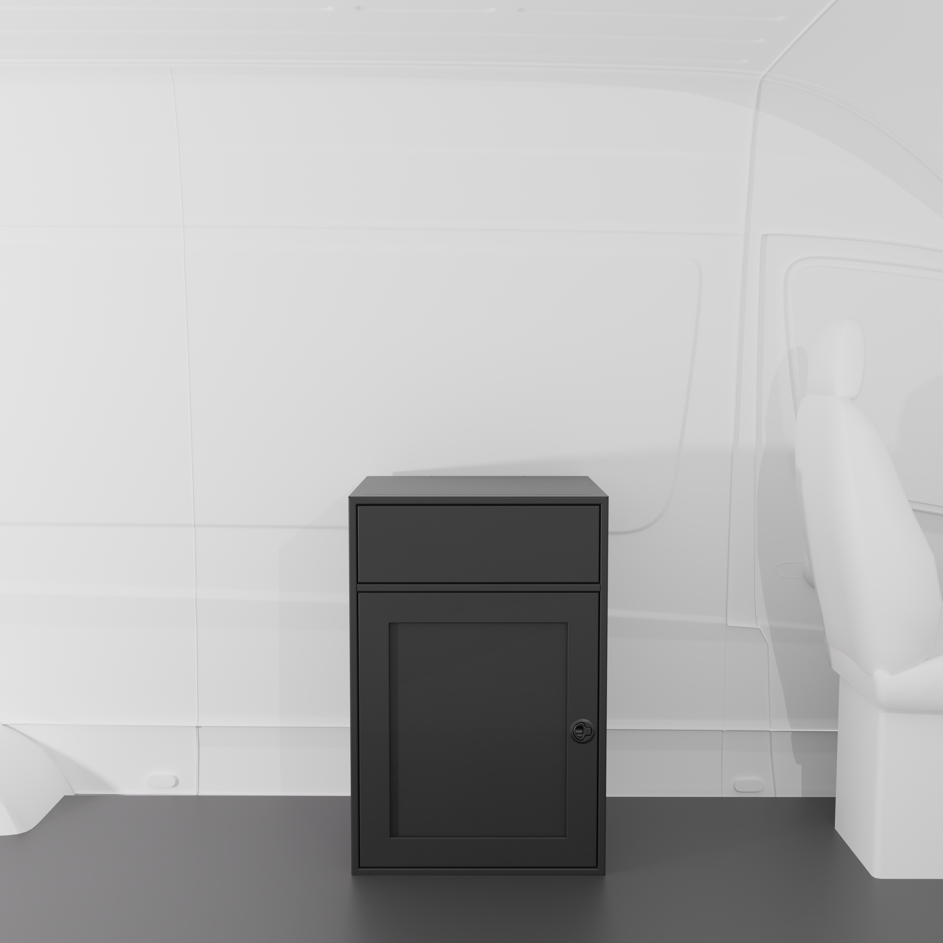 Black 24-inch wide, 22-inch deep, 36-in tall aluminum sink base cabinet with a single shaker-style lower door and a structural top designed to house an RV sink installed in a van
