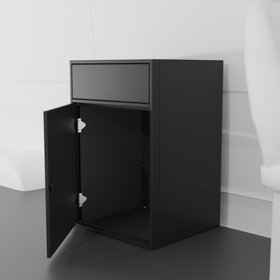 Black 24-inch wide, 22-inch deep, 36-in tall aluminum sink base cabinet with a single shaker-style lower door and a structural top designed to house an RV sink installed in a van
