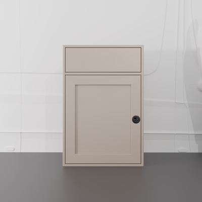 Sandstone 24-inch wide, 22-inch deep, 36-in tall aluminum sink base cabinet with a single shaker-style lower door and a structural top designed to house an RV sink installed in a van
