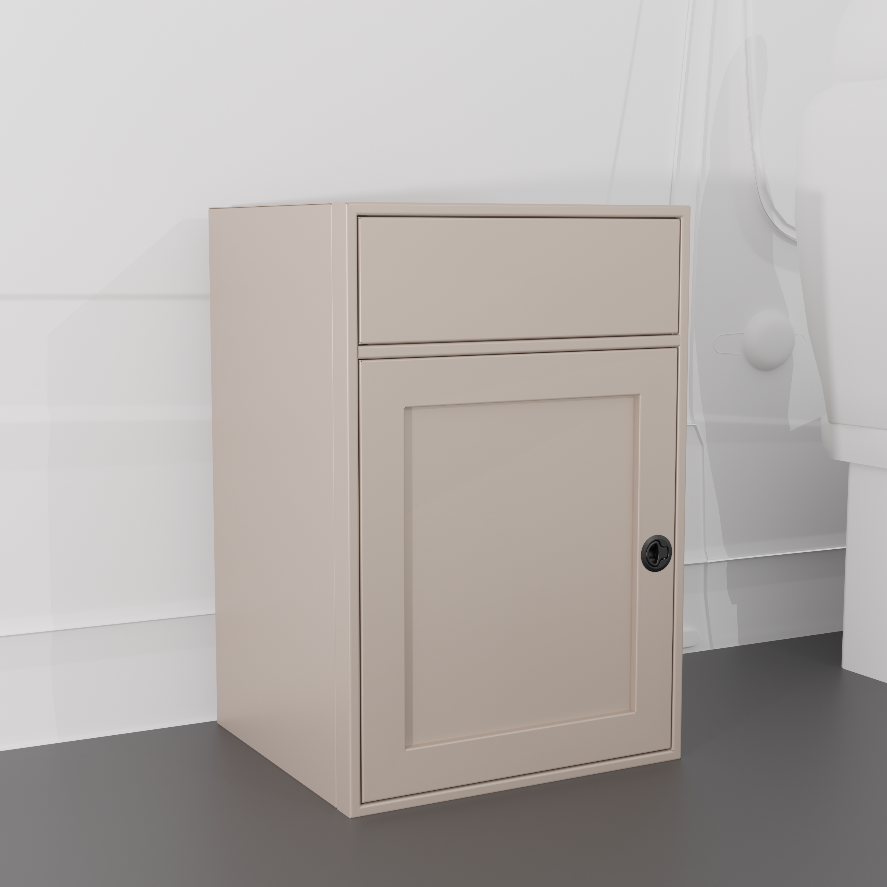 Sandstone 24-inch wide, 22-inch deep, 36-in tall aluminum sink base cabinet with a single shaker-style lower door and a structural top designed to house an RV sink installed in a van

