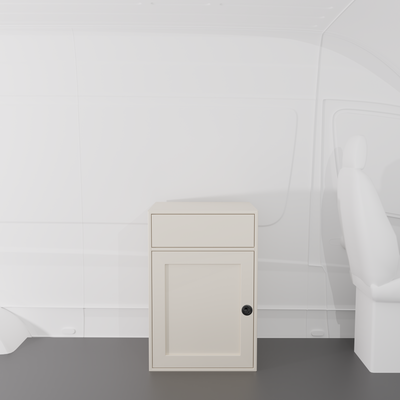 White 24-inch wide, 22-inch deep, 36-in tall aluminum sink base cabinet with a single shaker-style lower door and a structural top designed to house an RV sink installed in a van
