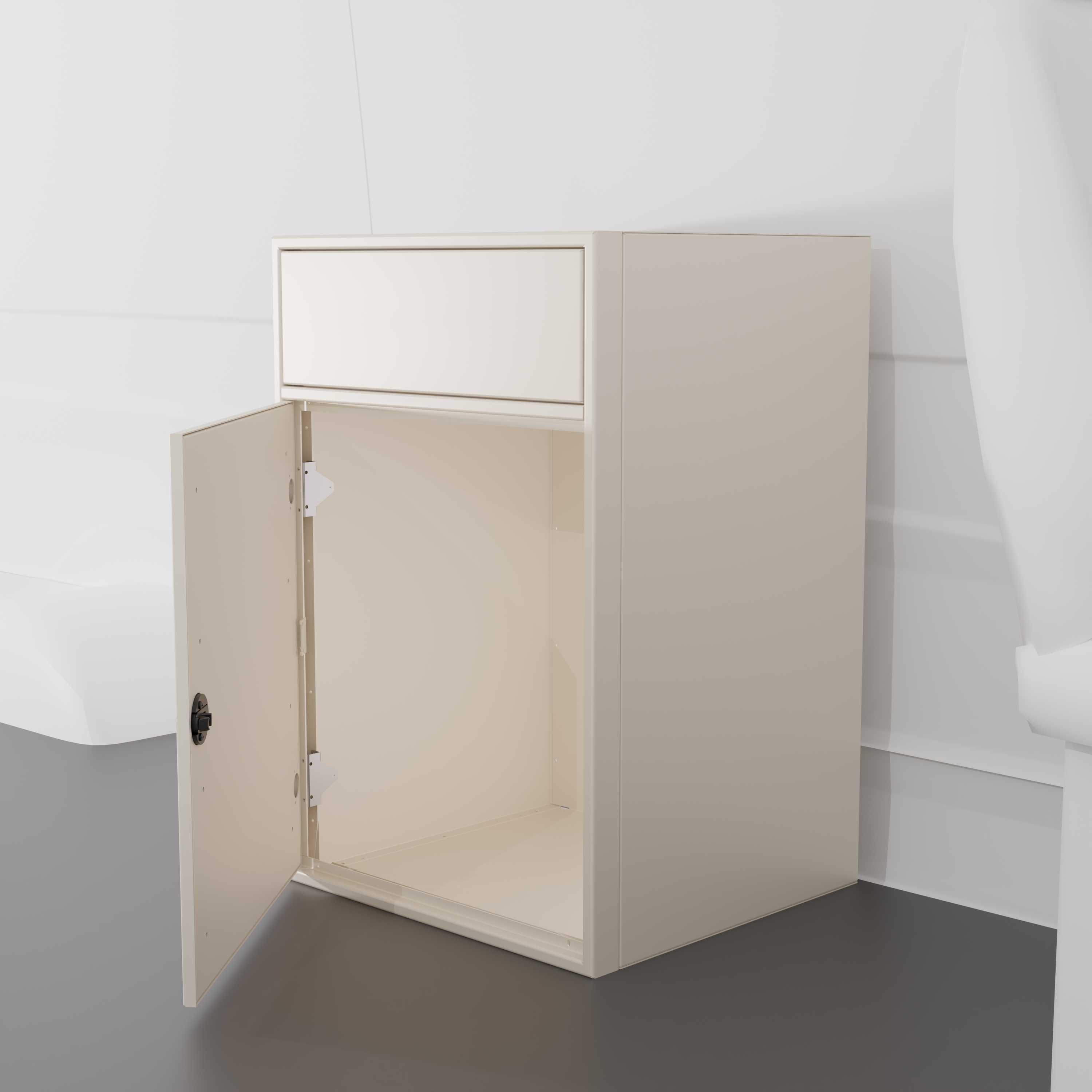 White 24-inch wide, 22-inch deep, 36-in tall aluminum sink base cabinet with a single shaker-style lower door and a structural top designed to house an RV sink installed in a van
