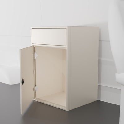 White 24-inch wide, 22-inch deep, 36-in tall aluminum sink base cabinet with a single shaker-style lower door and a structural top designed to house an RV sink installed in a van
