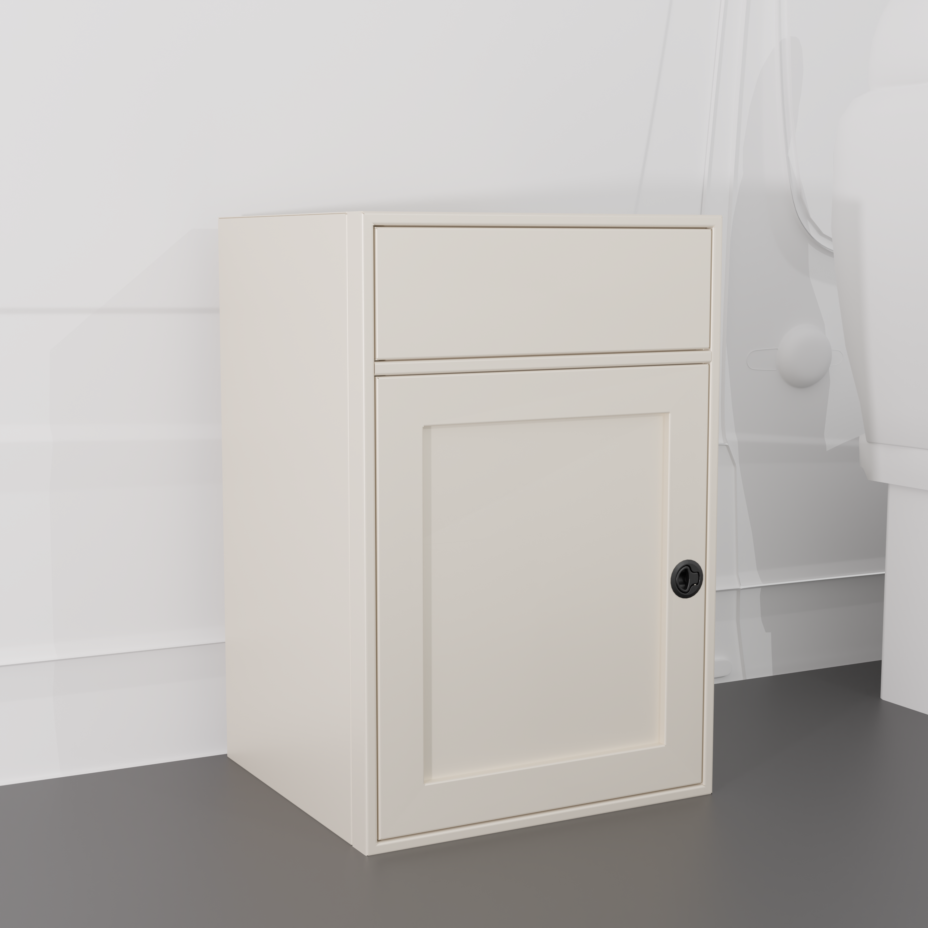 White 24-inch wide, 22-inch deep, 36-in tall aluminum sink base cabinet with a single shaker-style lower door and a structural top designed to house an RV sink installed in a van
