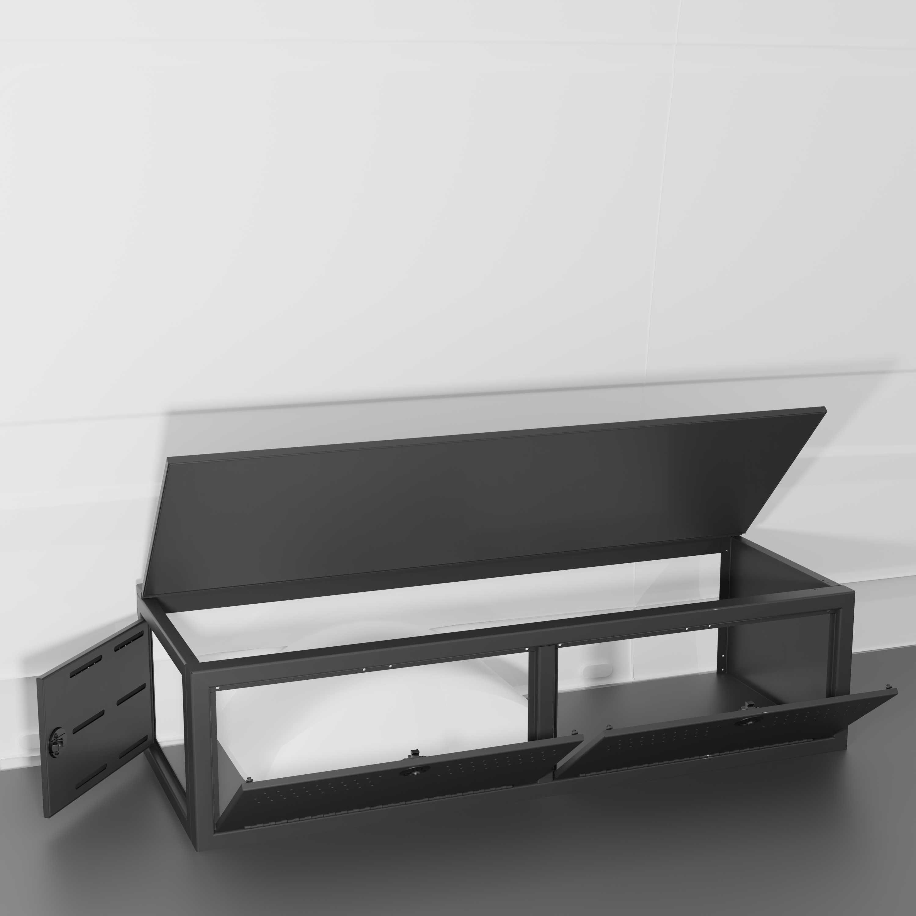 Black colored 22" Wheel Well Cover by Van Wife Components - 22” Deep x 60" Wide - Features 2 front access doors, one rear access door, and optional flip-top lid.
