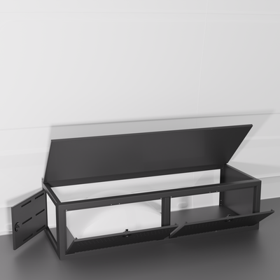 Black colored 22" Wheel Well Cover by Van Wife Components - 22” Deep x 60" Wide - Features 2 front access doors, one rear access door, and optional flip-top lid.
