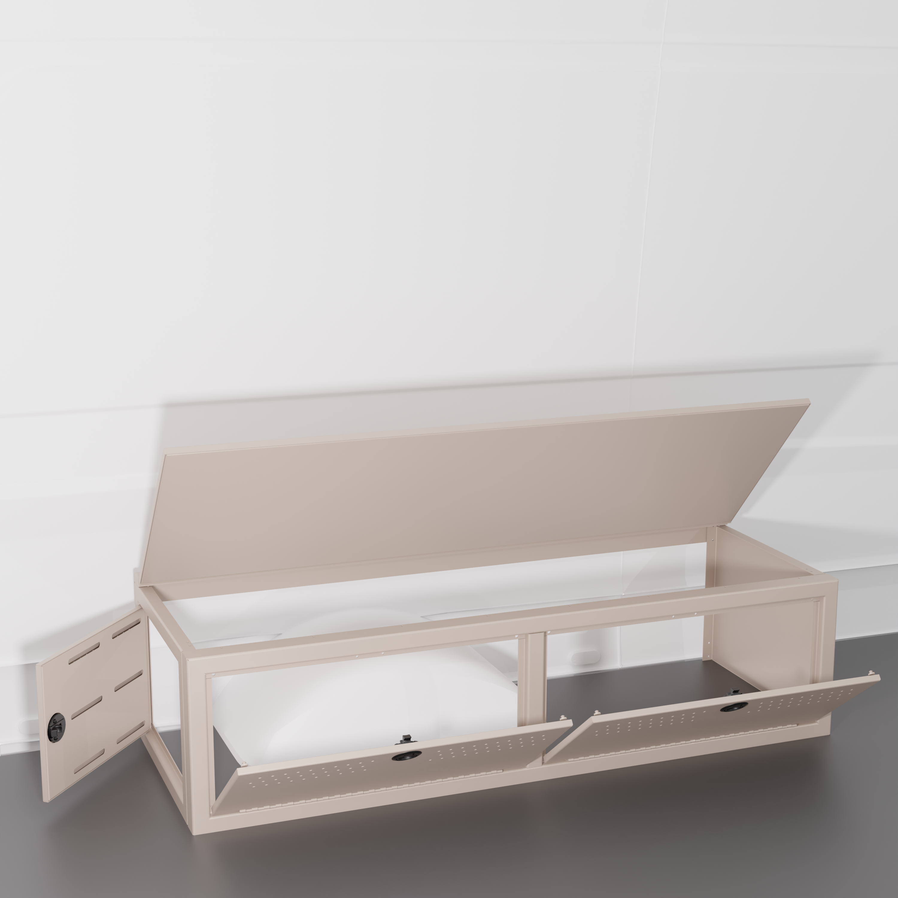 Sandstone colored 22" Wheel Well Cover by Van Wife Components - 22” Deep x 60" Wide - Features 2 front access doors, one rear access door, and optional flip-top lid.
