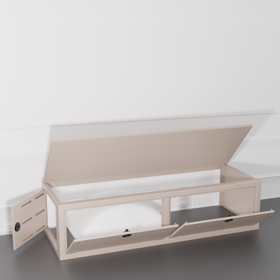 Sandstone colored 22" Wheel Well Cover by Van Wife Components - 22” Deep x 60" Wide - Features 2 front access doors, one rear access door, and optional flip-top lid.

