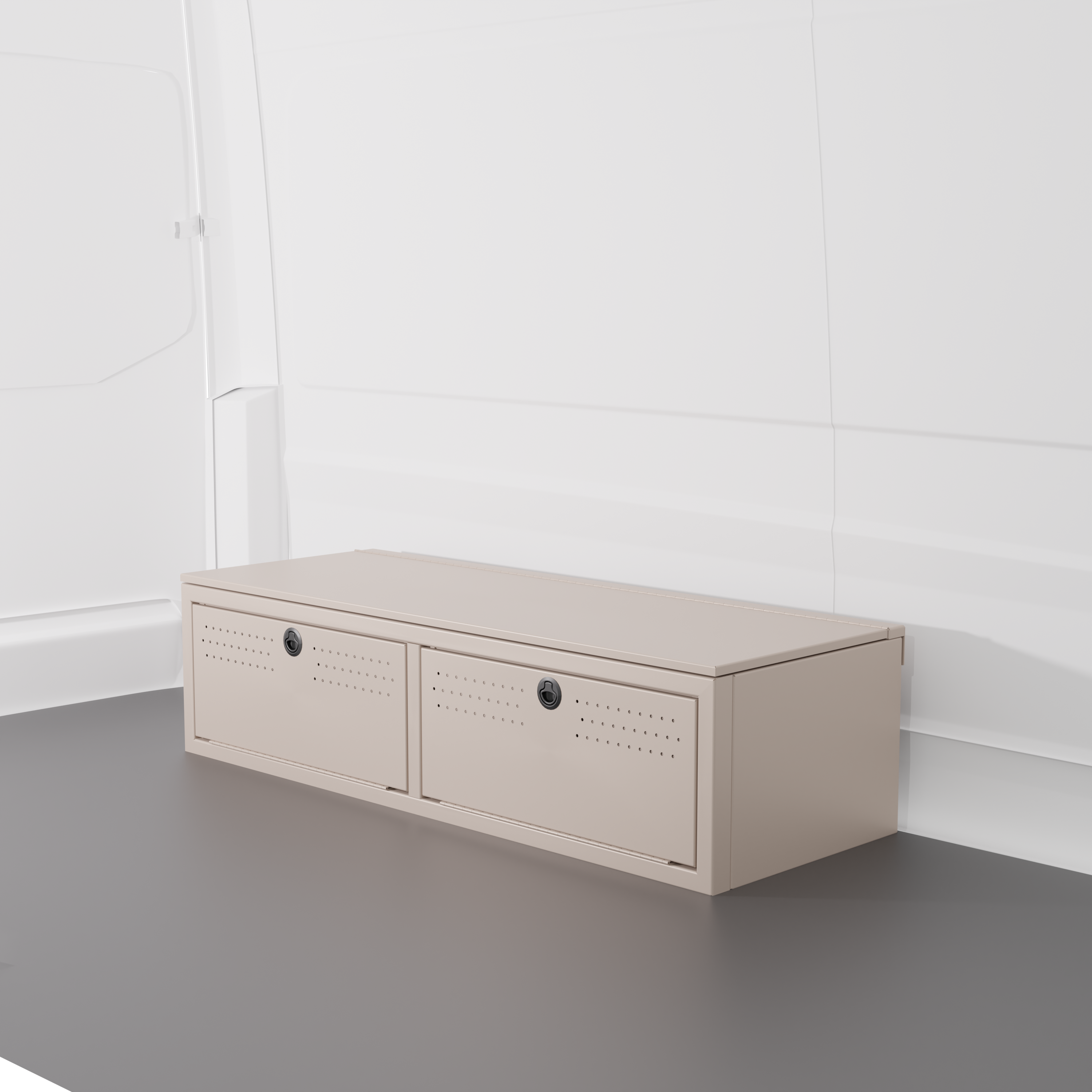 Sandstone colored 22" Wheel Well Cover by Van Wife Components - 22” Deep x 60" Wide - Features 2 front access doors, one rear access door, and optional flip-top lid.
