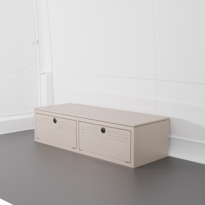 Sandstone colored 22" Wheel Well Cover by Van Wife Components - 22” Deep x 60" Wide - Features 2 front access doors, one rear access door, and optional flip-top lid.
