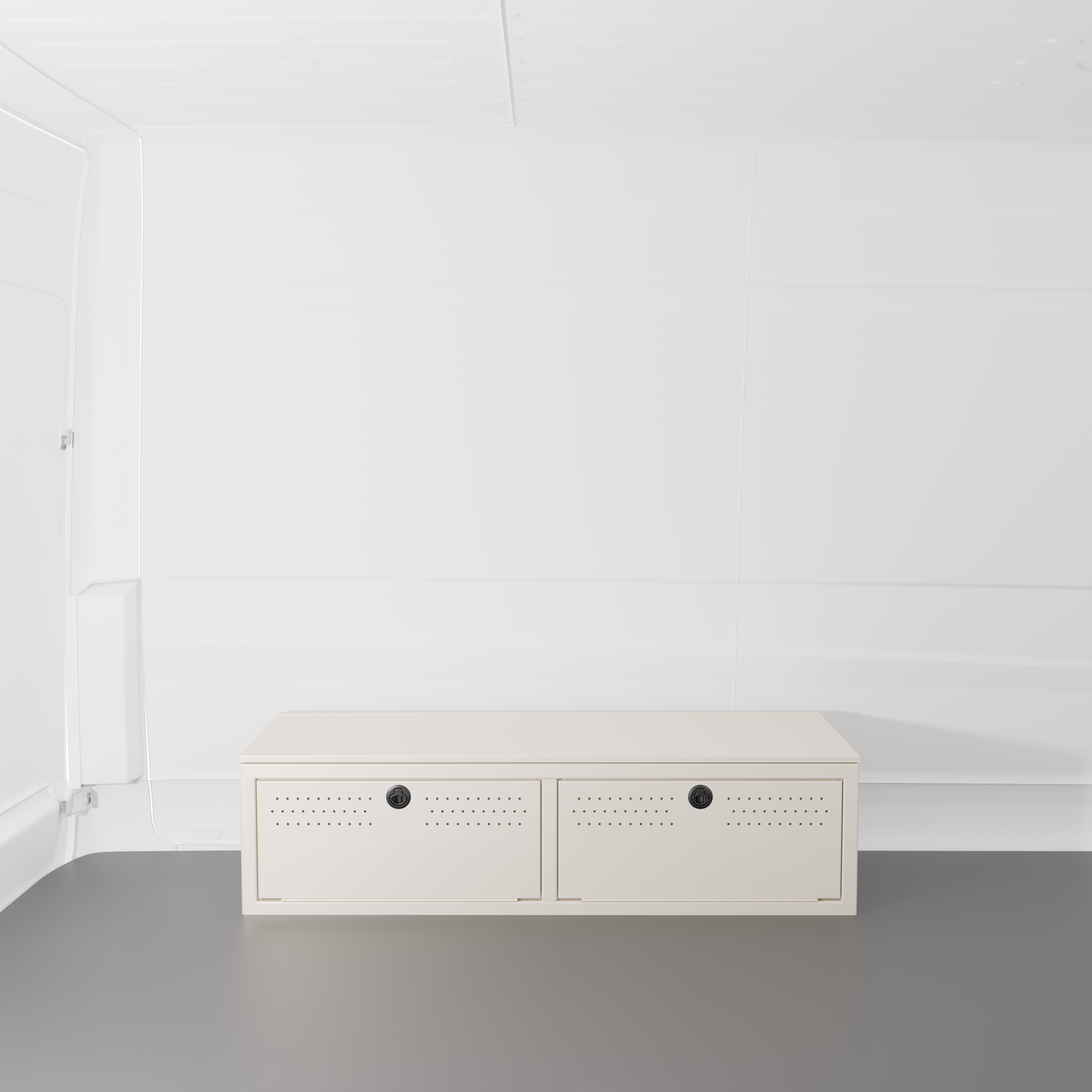 White powder-coated aluminum 22" wheel well cover installed in a van, showing the front access doors.
