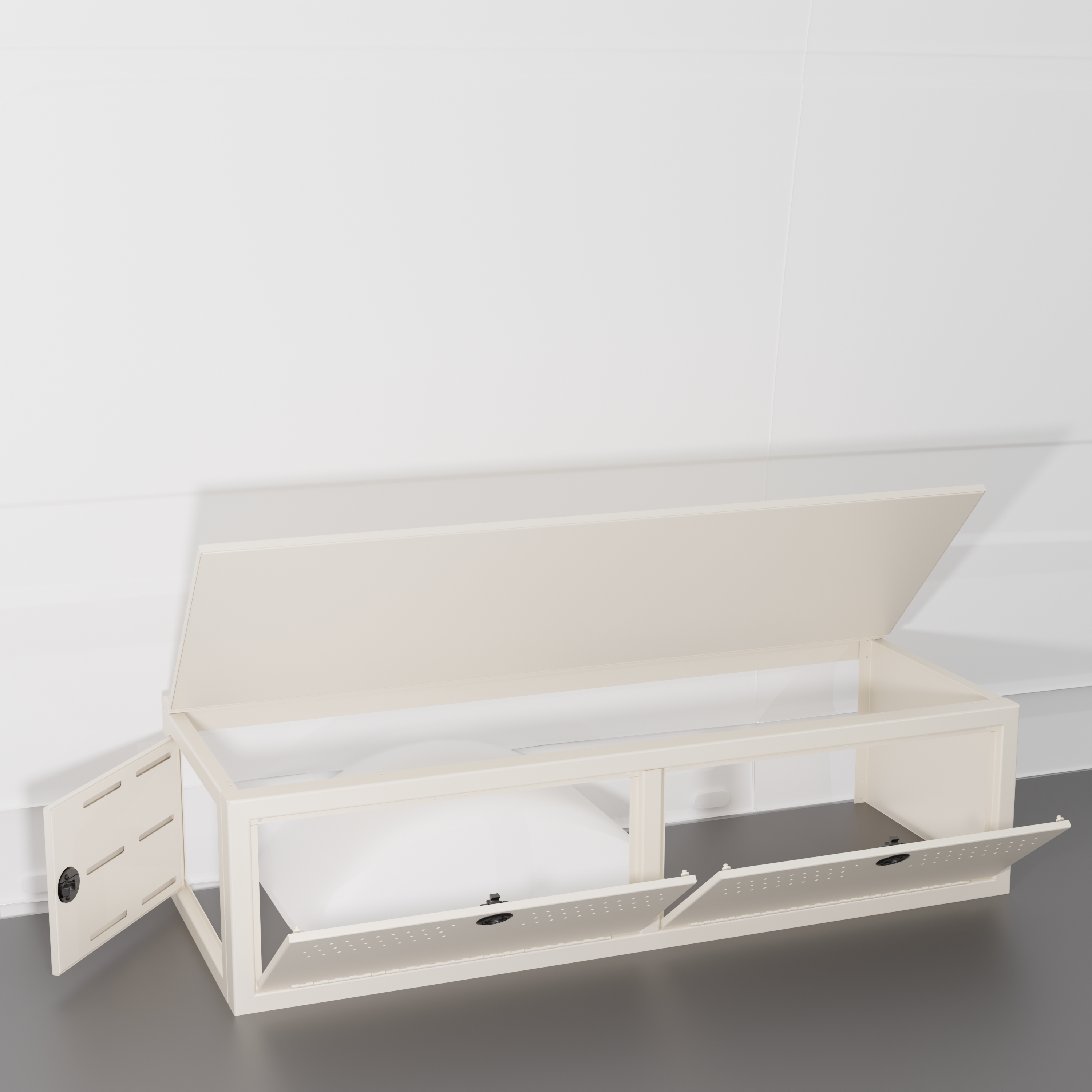 White colored 22" Wheel Well Cover by Van Wife Components - 22” Deep x 60" Wide - Features 2 front access doors, one rear access door, and optional flip-top lid.
