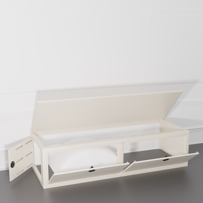 White colored 22" Wheel Well Cover by Van Wife Components - 22” Deep x 60" Wide - Features 2 front access doors, one rear access door, and optional flip-top lid.
