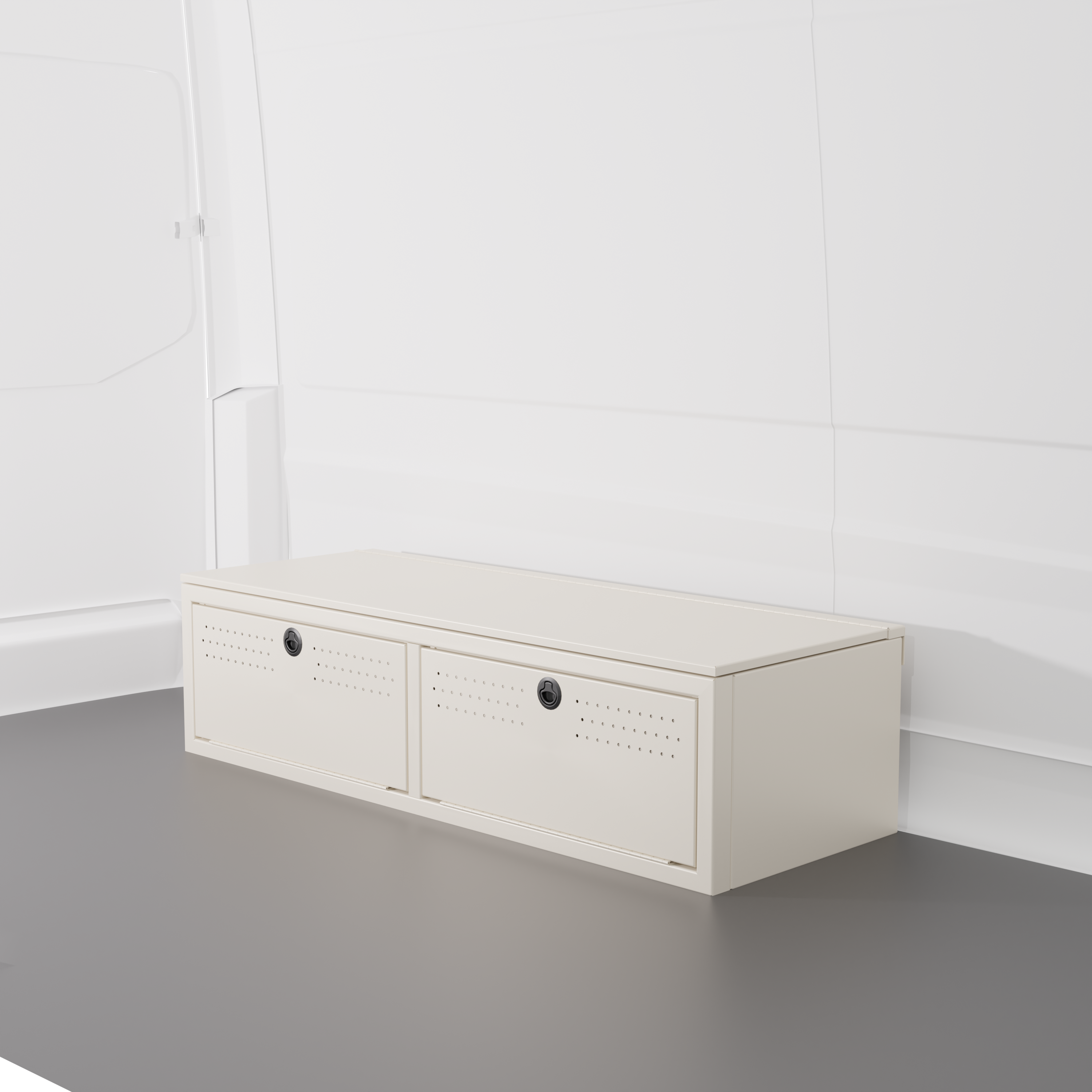 White colored 22" Wheel Well Cover by Van Wife Components - 22” Deep x 60" Wide - Features 2 front access doors, one rear access door, and optional flip-top lid.
