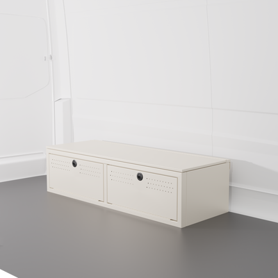 White colored 22" Wheel Well Cover by Van Wife Components - 22” Deep x 60" Wide - Features 2 front access doors, one rear access door, and optional flip-top lid.
