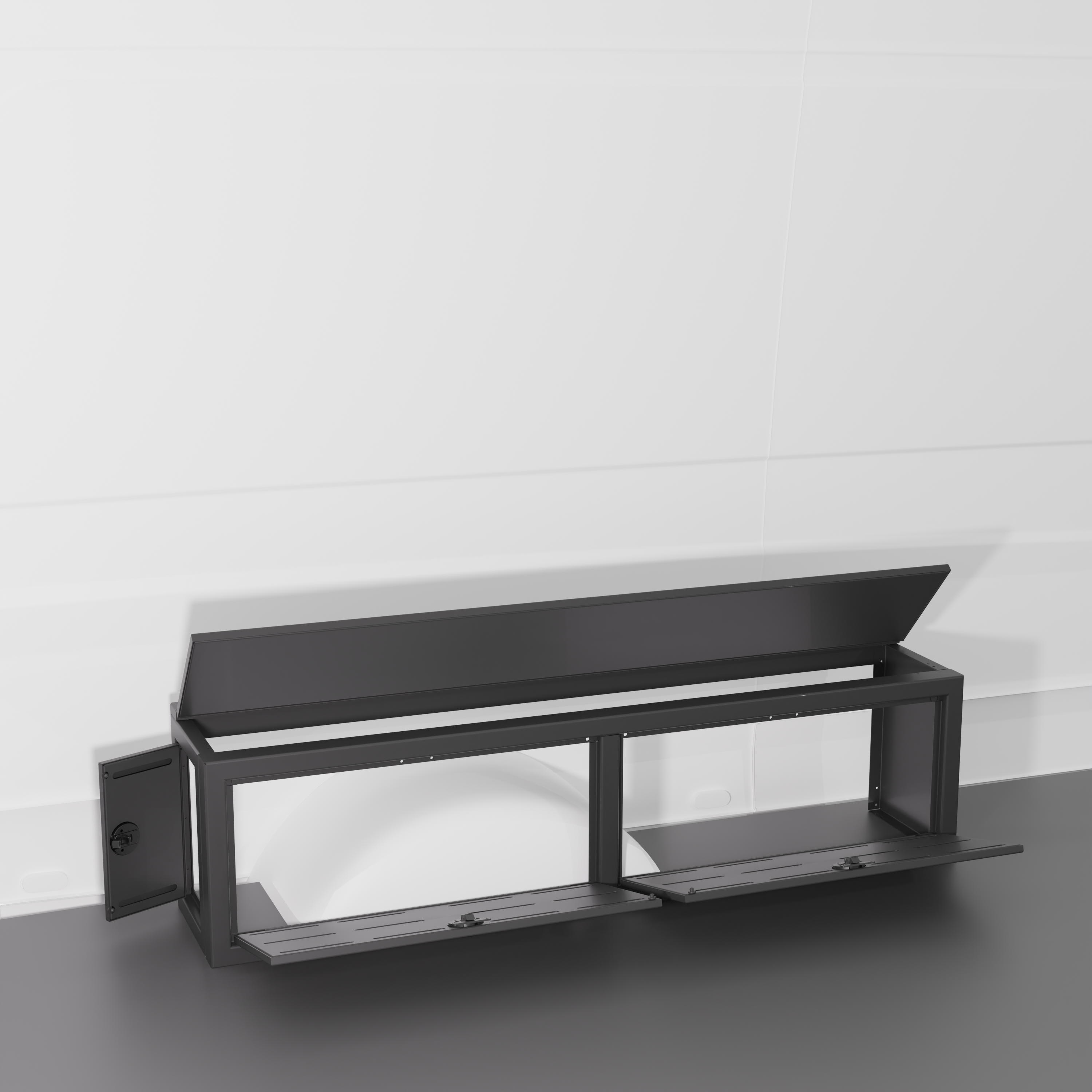 Black colored 12" Wheel Well Cover by Van Wife Components - 12” Deep x 60" Wide - Features 2 front access doors, one rear access door, and optional flip-top lid.
