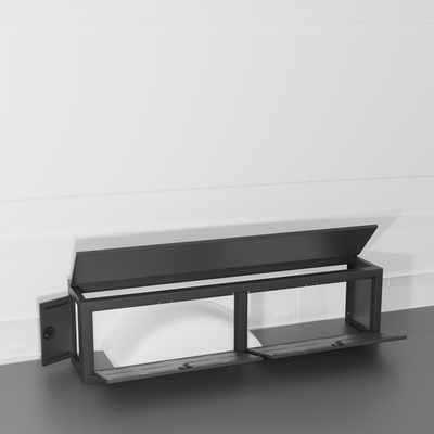 Black colored 12" Wheel Well Cover by Van Wife Components - 12” Deep x 60" Wide - Features 2 front access doors, one rear access door, and optional flip-top lid.
