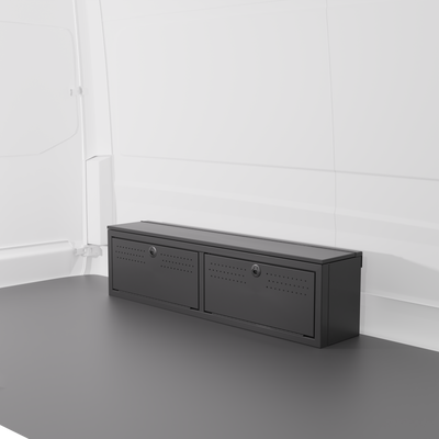 Black colored 12" Wheel Well Cover by Van Wife Components - 12” Deep x 60" Wide - Features 2 front access doors, one rear access door, and optional flip-top lid.
