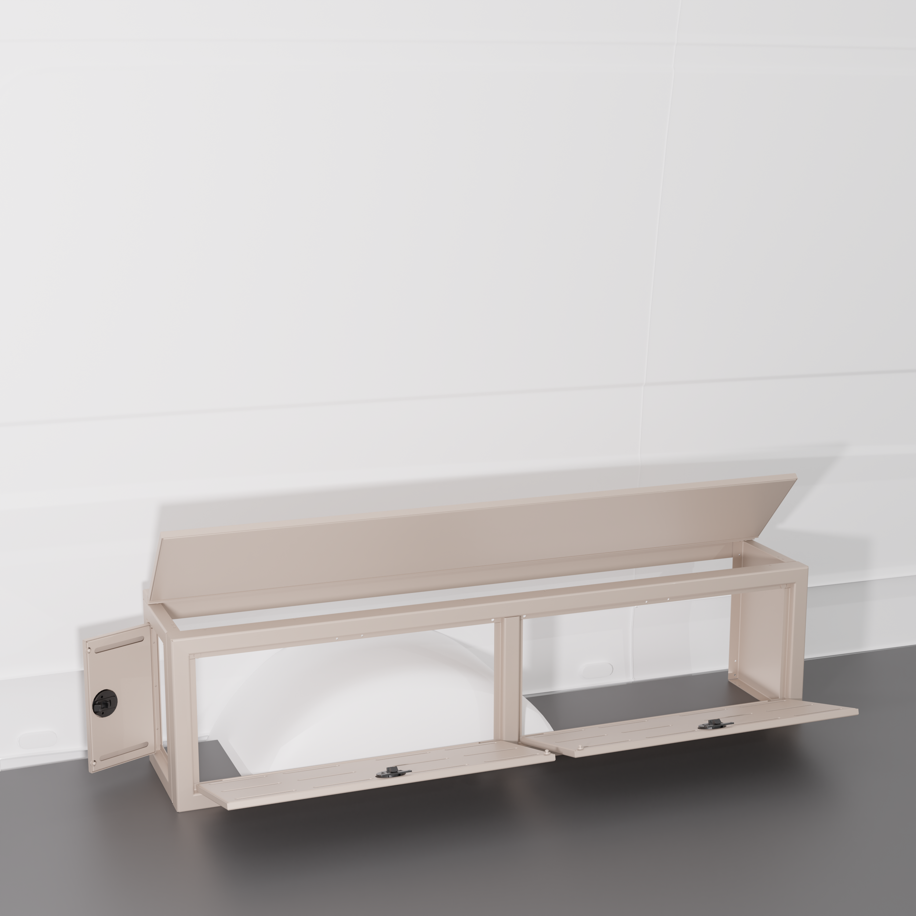 Sandstone colored 12" Wheel Well Cover by Van Wife Components - 12” Deep x 60" Wide - Features 2 front access doors, one rear access door, and optional flip-top lid.