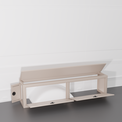Sandstone colored 12" Wheel Well Cover by Van Wife Components - 12” Deep x 60" Wide - Features 2 front access doors, one rear access door, and optional flip-top lid.