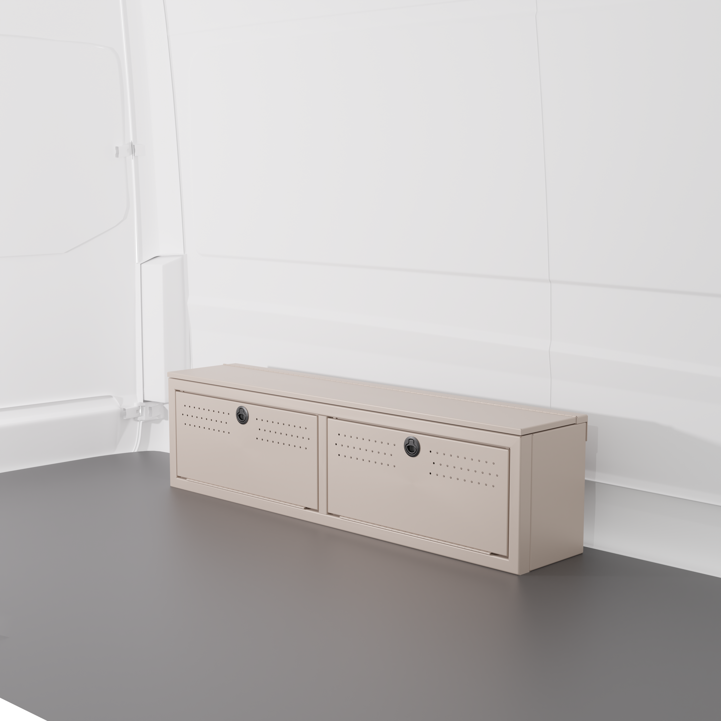 Sandstone colored 12" Wheel Well Cover by Van Wife Components - 12” Deep x 60" Wide - Features 2 front access doors, one rear access door, and optional flip-top lid.