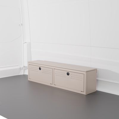 Sandstone colored 12" Wheel Well Cover by Van Wife Components - 12” Deep x 60" Wide - Features 2 front access doors, one rear access door, and optional flip-top lid.