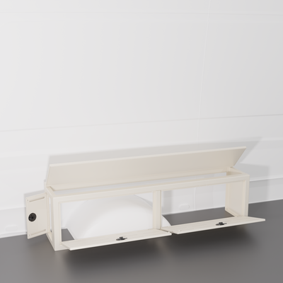 WHITE colored 12" Wheel Well Cover by Van Wife Components - 12” Deep x 60" Wide - Features 2 front access doors, one rear access door, and optional flip-top lid.
