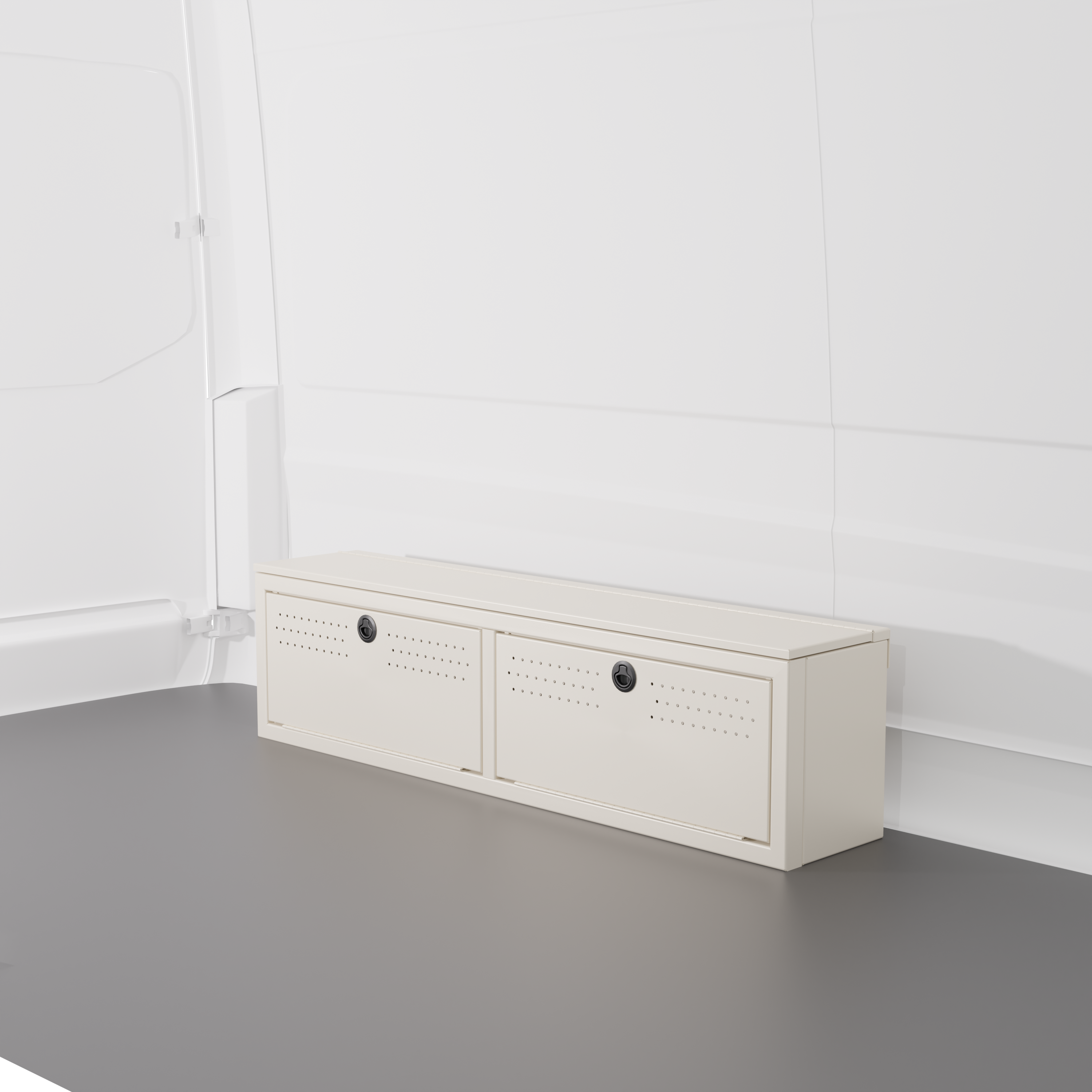 White colored 12" Wheel Well Cover by Van Wife Components - 12” Deep x 60" Wide - Features 2 front access doors, one rear access door, and optional flip-top lid.
