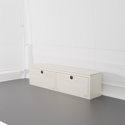 White colored 12" Wheel Well Cover by Van Wife Components - 12” Deep x 60" Wide - Features 2 front access doors, one rear access door, and optional flip-top lid.
