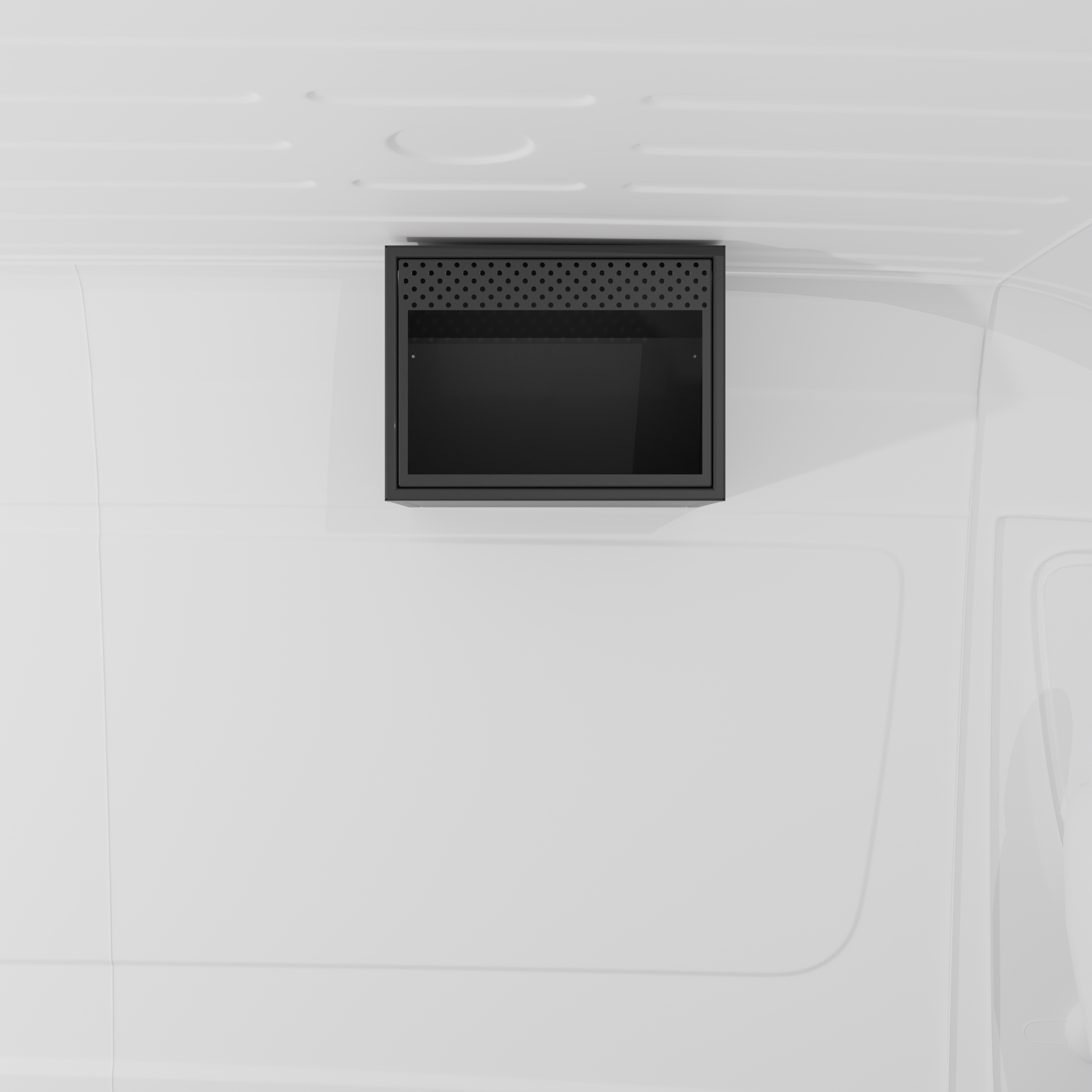 Black 20-inch aluminum upper van cabinet with a front opening specifically sized for an integrated .7 cubic foot microwave installed in a van