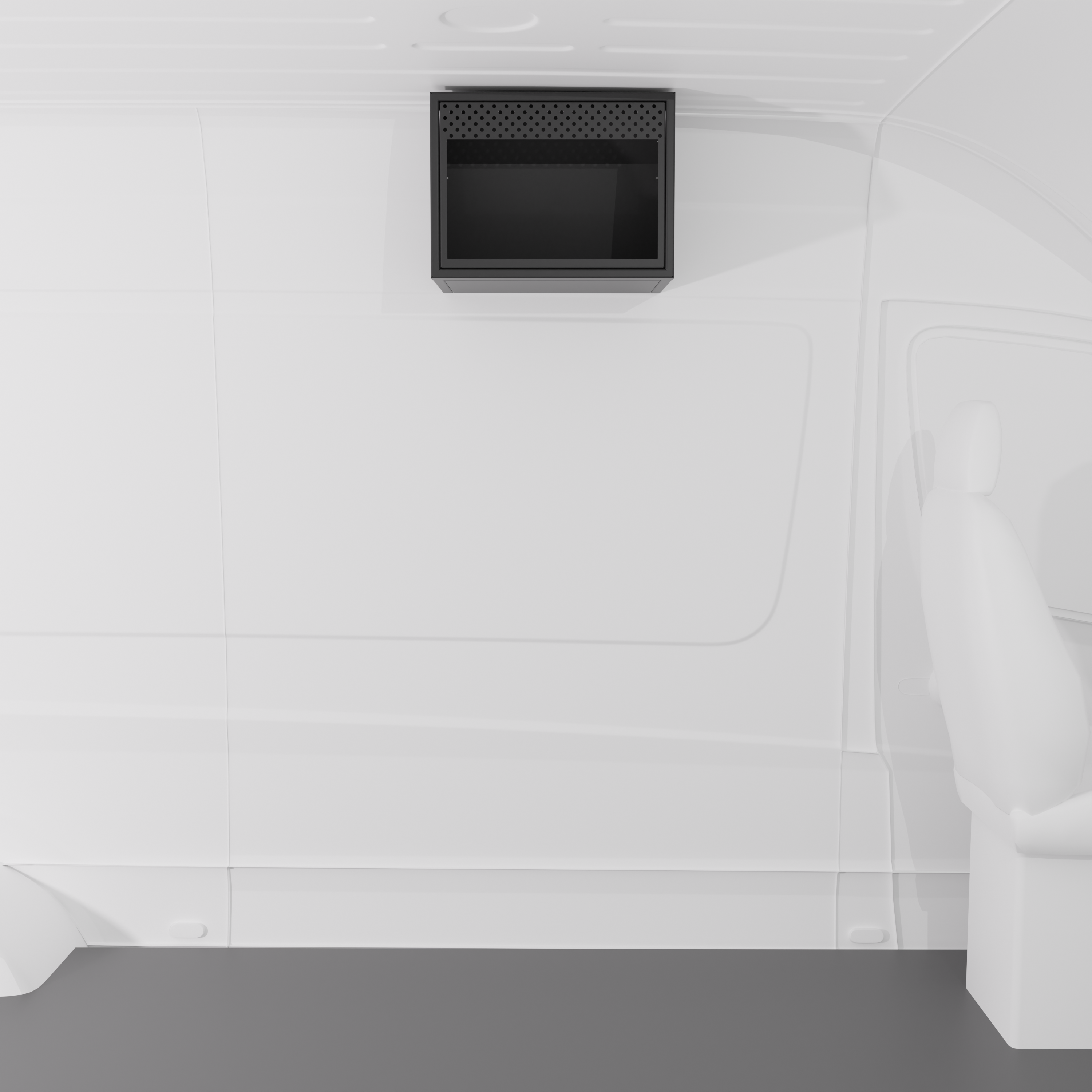 Black 20-inch aluminum upper van cabinet with a front opening specifically sized for an integrated .7 cubic foot microwave installed in a van