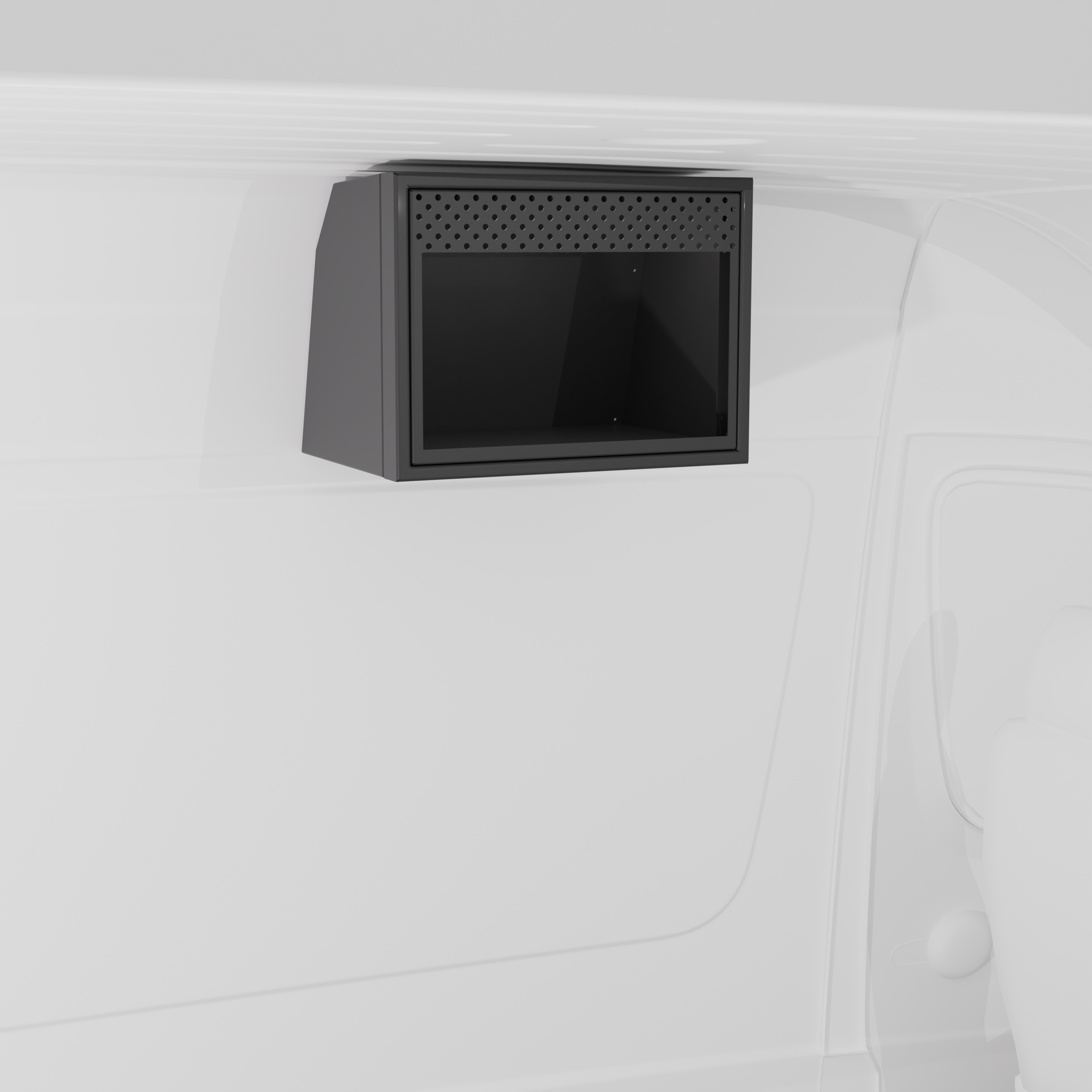 Black 20-inch aluminum upper van cabinet with a front opening specifically sized for an integrated .7 cubic foot microwave installed in a van