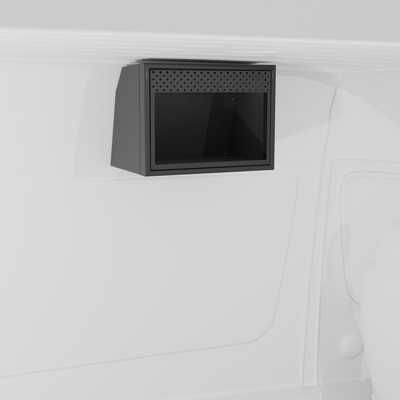 Black 20-inch aluminum upper van cabinet with a front opening specifically sized for an integrated .7 cubic foot microwave installed in a van