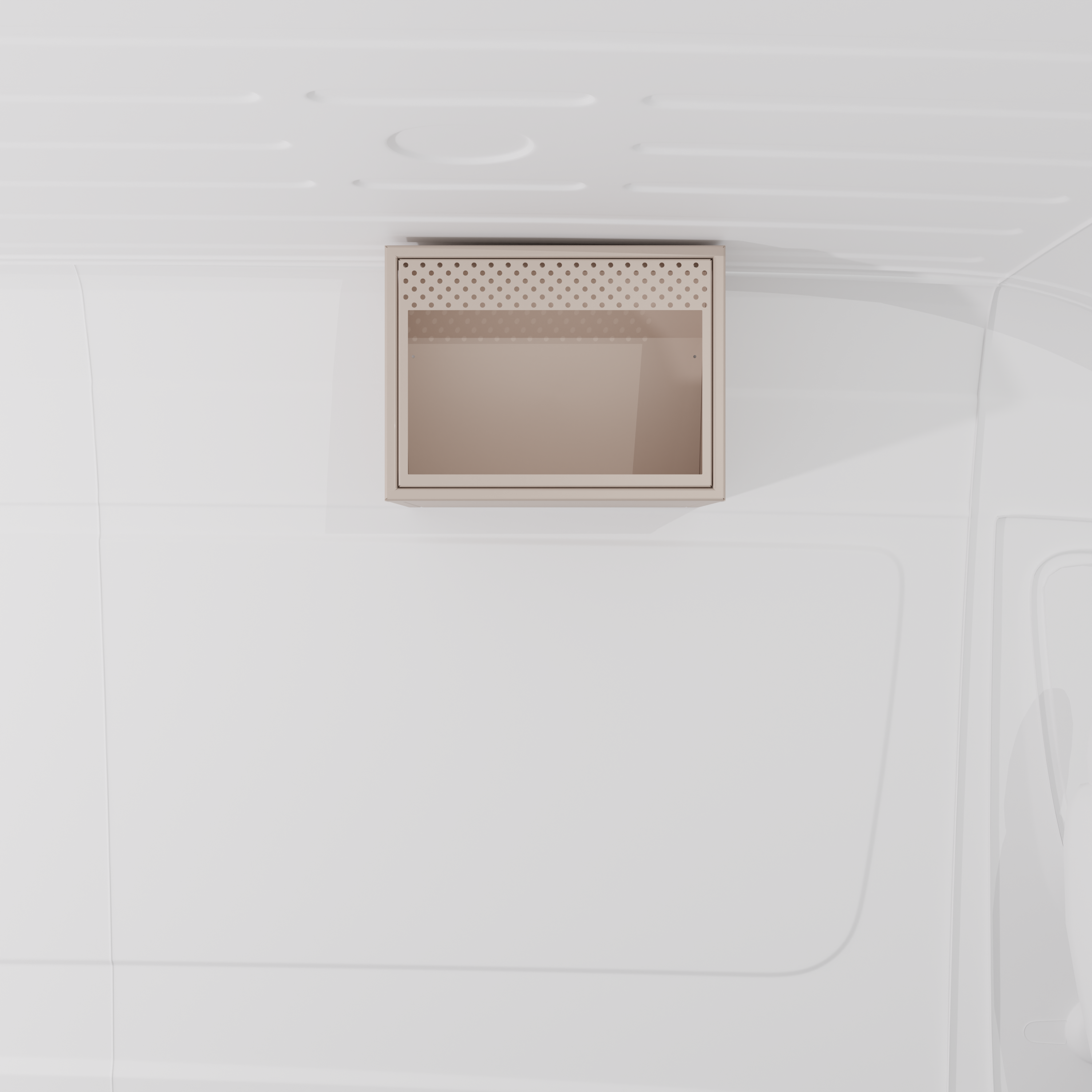 Sandstone 20-inch aluminum upper van cabinet with a front opening specifically sized for an integrated .7 cubic foot microwave installed in a van