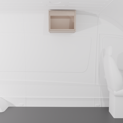Sandstone 20-inch aluminum upper van cabinet with a front opening specifically sized for an integrated .7 cubic foot microwave installed in a van