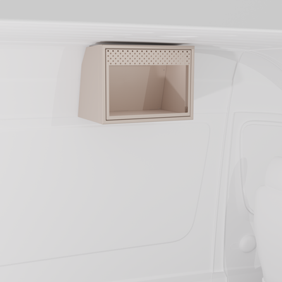 Sandstone 20-inch aluminum upper van cabinet with a front opening specifically sized for an integrated .7 cubic foot microwave installed in a van