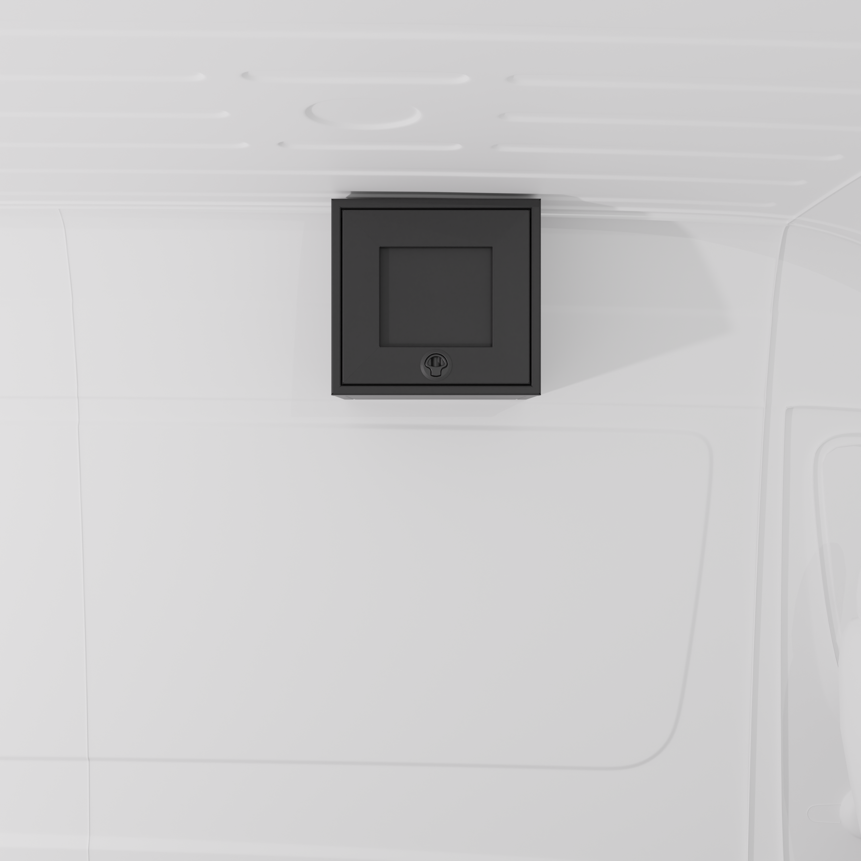 Black 16-inch wide aluminum angled upper Van Wife Components cabinet with a single shaker-style door & flush slam latch mounted in a van