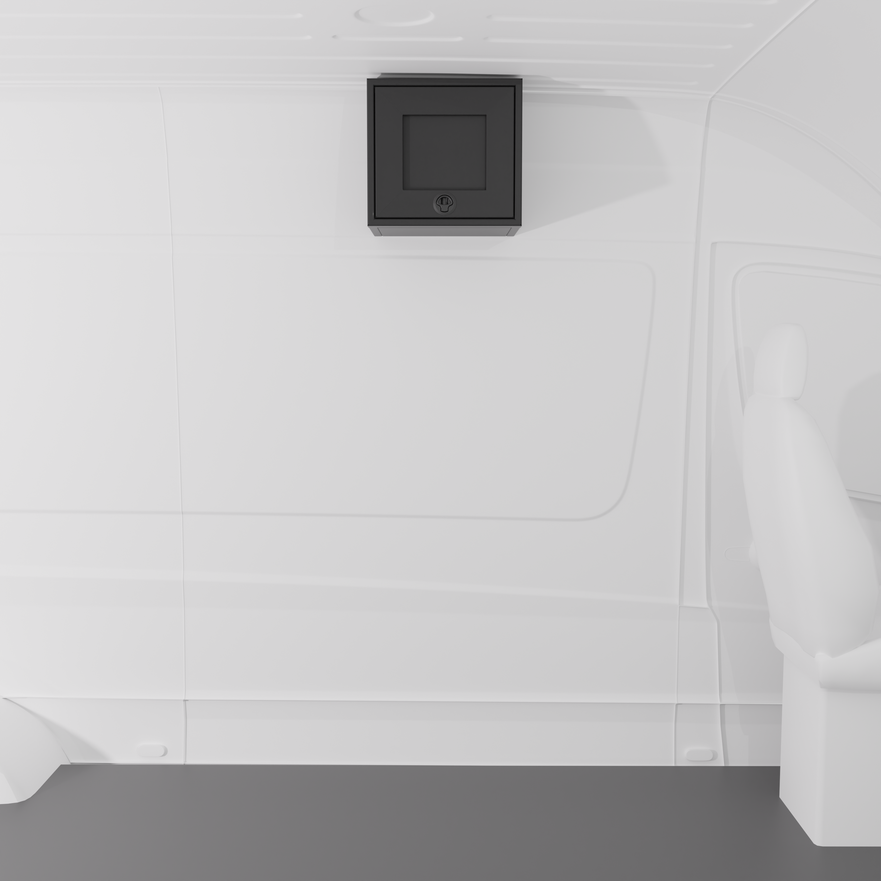 Black 16-inch wide aluminum angled upper Van Wife Components cabinet with a single shaker-style door & flush slam latch mounted in a van
