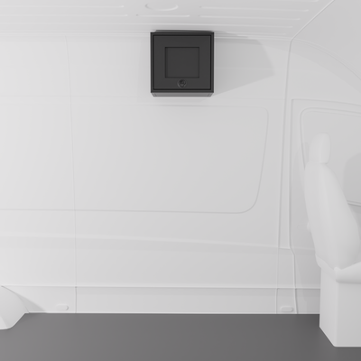 Black 16-inch wide aluminum angled upper Van Wife Components cabinet with a single shaker-style door & flush slam latch mounted in a van