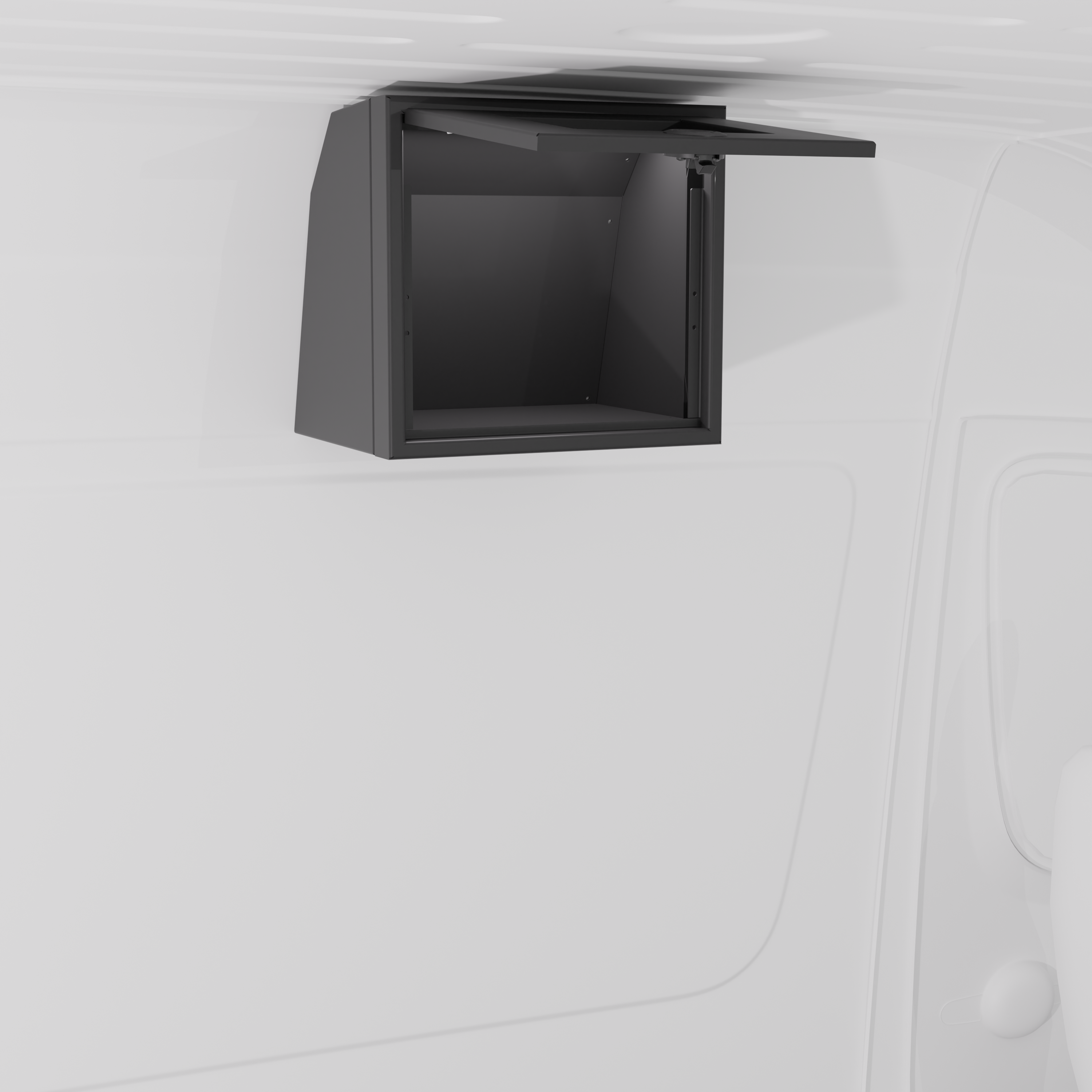 Black 16-inch wide aluminum angled upper Van Wife Components cabinet with a single shaker-style door & flush slam latch mounted in a van