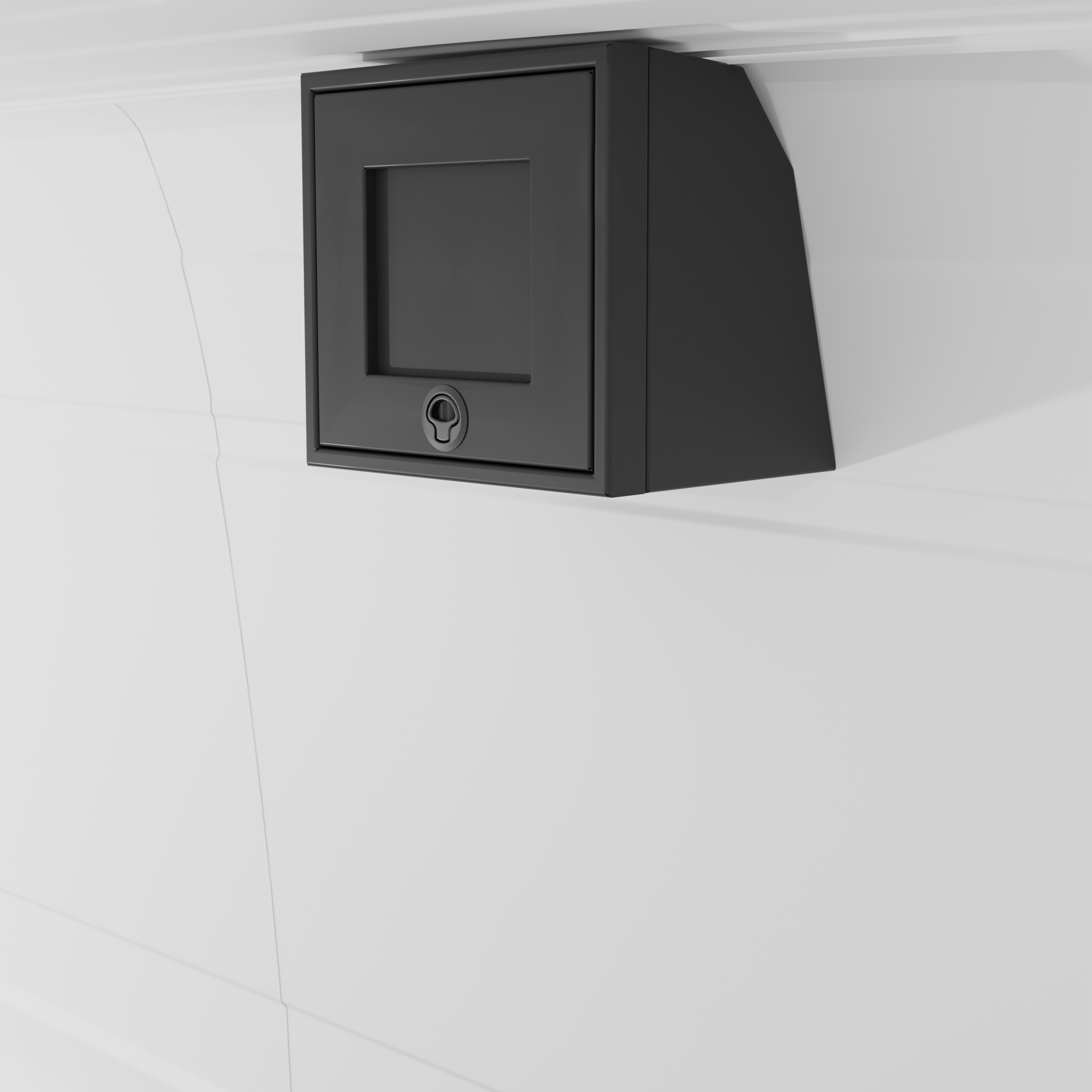 Black 16-inch wide aluminum angled upper Van Wife Components cabinet with a single shaker-style door & flush slam latch mounted in a van