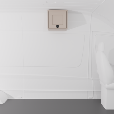 Sandstone 16-inch wide aluminum angled upper Van Wife Components cabinet with a single shaker-style door & flush slam latch mounted in a van