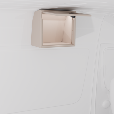 Sandstone 16-inch wide aluminum angled upper Van Wife Components cabinet with a single shaker-style door & flush slam latch mounted in a van