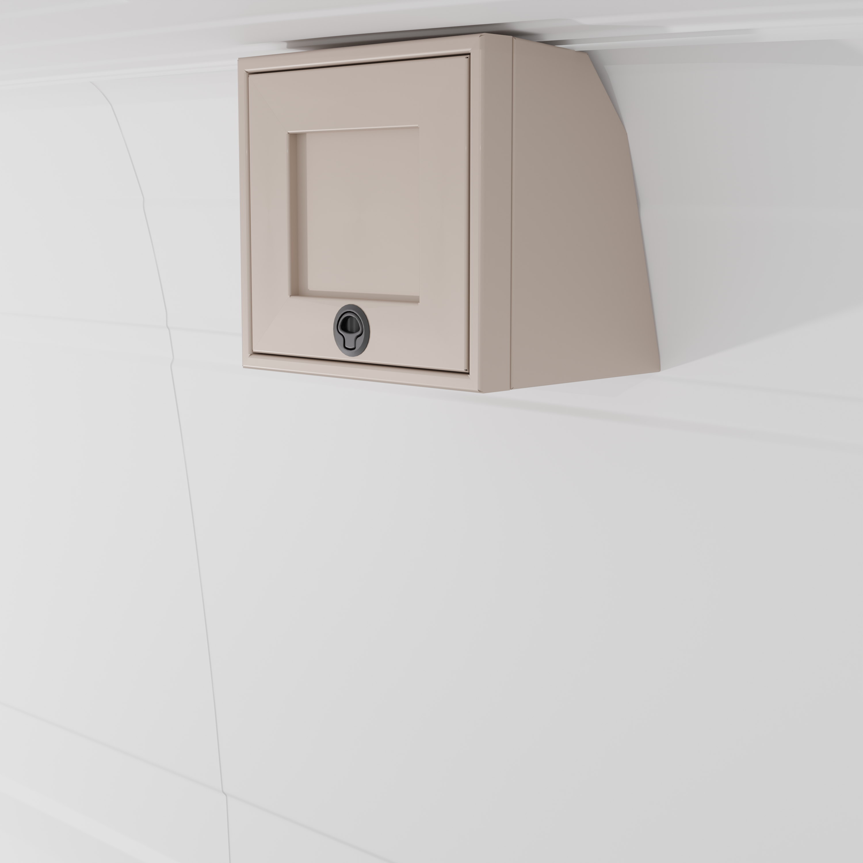Sandstone 16-inch wide aluminum angled upper Van Wife Components cabinet with a single shaker-style door & flush slam latch mounted in a van