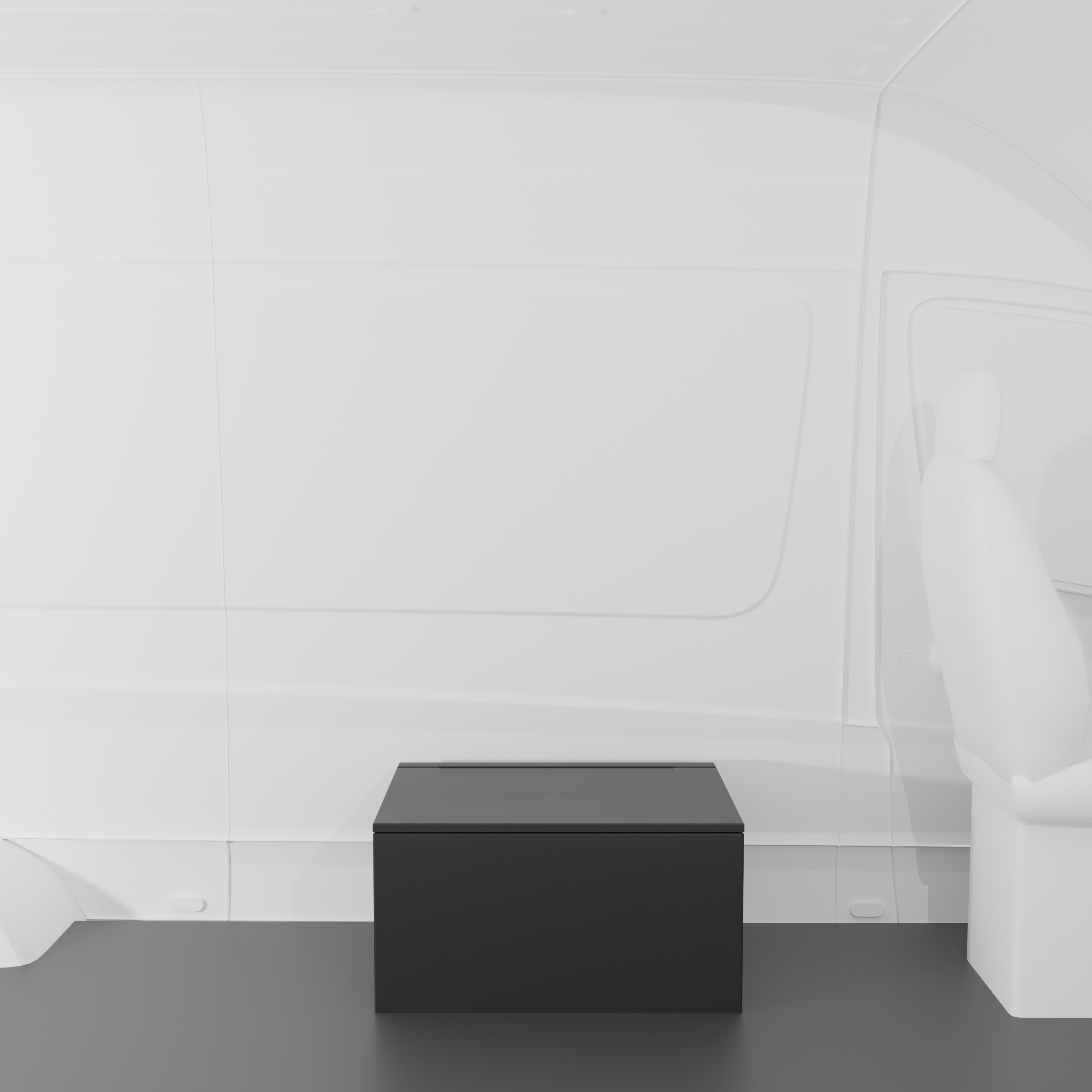Black 30" x 22” x 16” aluminum storage bench with flip-top lid installed in a van interior.
