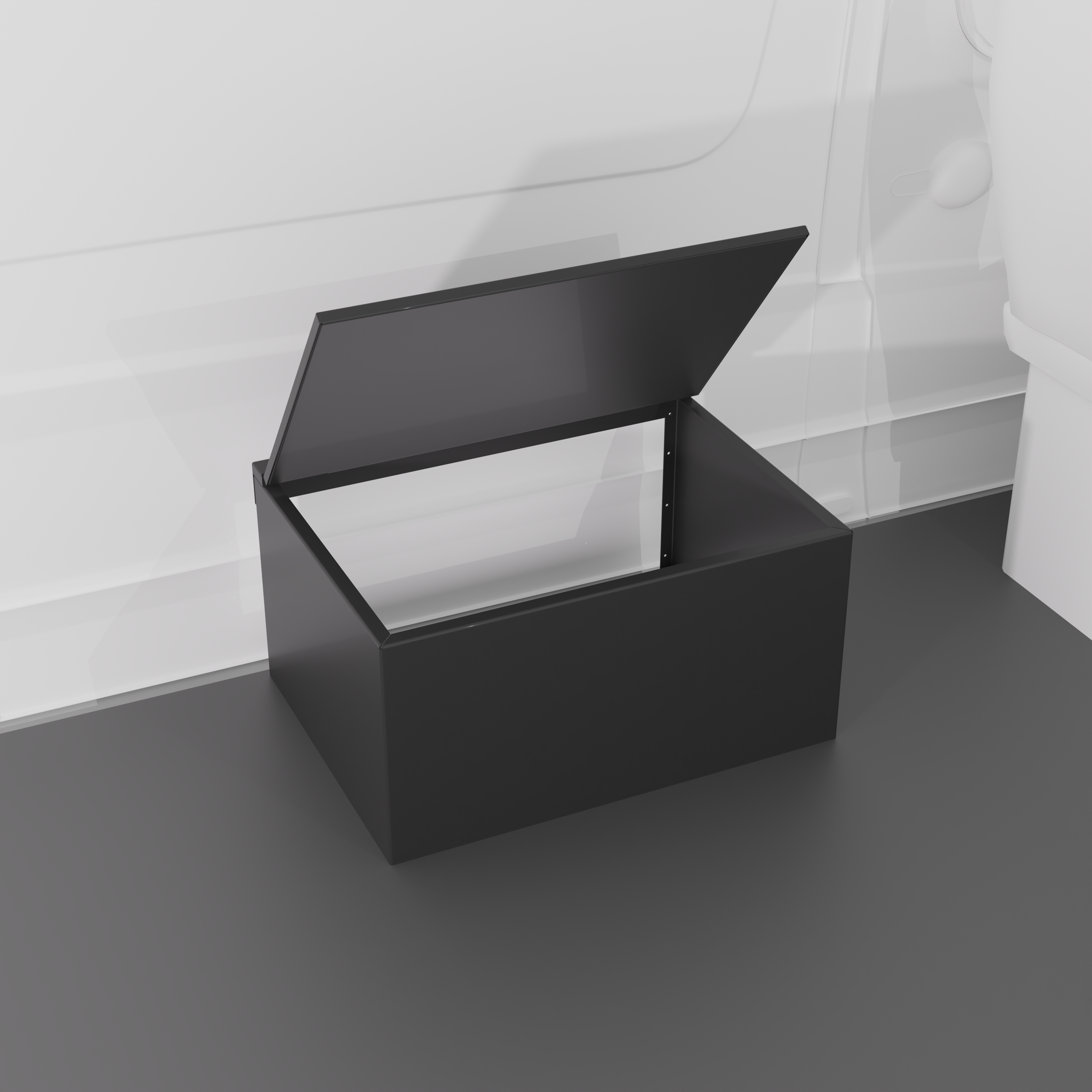 Black 30" x 22” x 16” aluminum storage bench with flip-top lid installed in a van interior.
