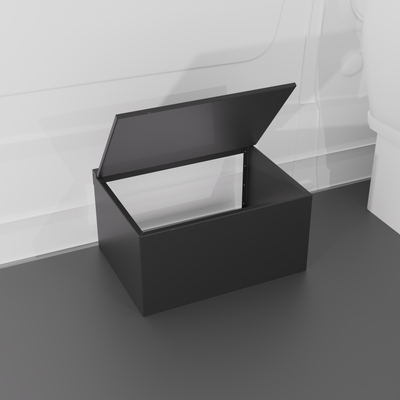 Black 30" x 22” x 16” aluminum storage bench with flip-top lid installed in a van interior.
