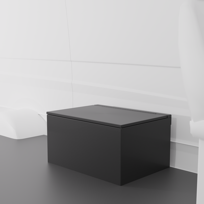 Black 30" x 22” x 16” aluminum storage bench with flip-top lid installed in a van interior.
